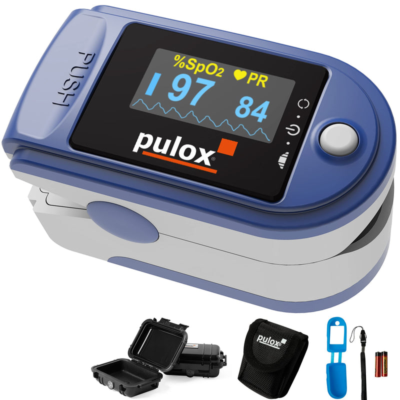 Pulse oximeter Pulox PO-200A with alarm, pulse tone and accessory set for measuring SpO2, pulse and PI - blue
