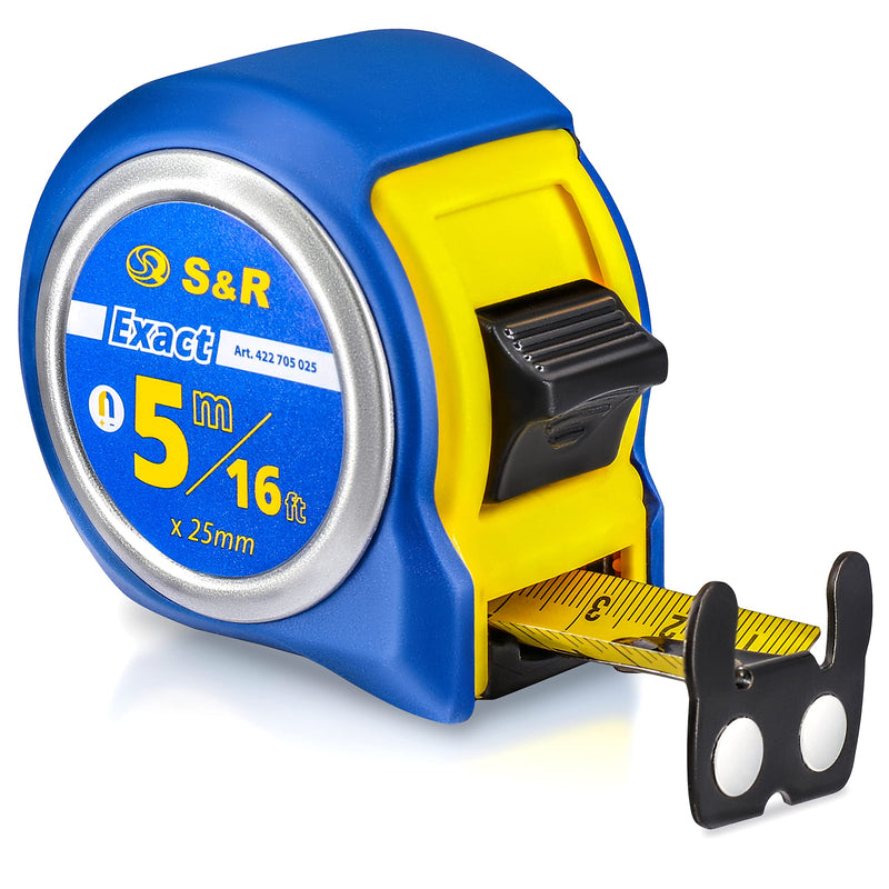 S&R tape measure 5 m METRIC and INCH 5m / 16 ft, tape 25 mm, roll meter with riveted MAGNET hook nylon coated tape measure, impact-resistant roll meter housing 5m, metric and inch