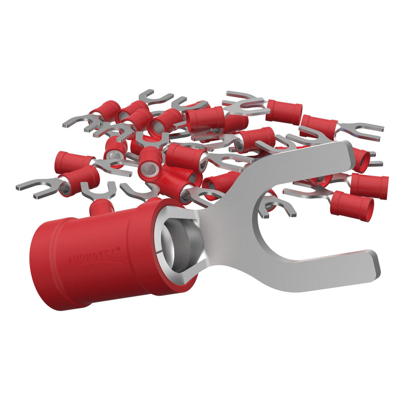 AUPROTEC 50x fork cable lugs 0.5-1.5 mm² red, hole Ø M4 partially insulated PVC SV cable connector made of tin-plated copper 50 pieces 0.5 - 1.5 mm² red, M4