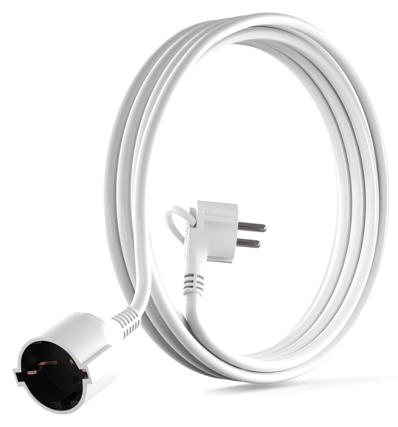 MutecPower 2 meter extension cable with flat plug, quality plastic Schuko extension with flat plug, protective contact, 90° angle plug & protective contact coupling up to 250V 16A IP20-2m white