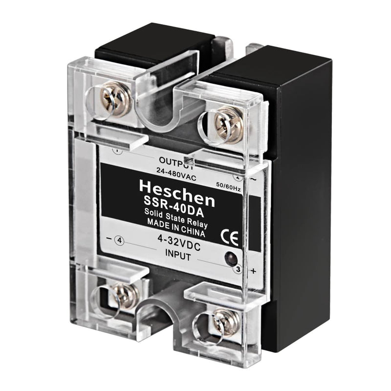 Heschen Single Phase DC/AC Solid State Relay, SSR-40DA, Input 4-32VDC, Output 24-480VAC, 40A 50-60Hz (1) 1 SSR-40DA DC/AC