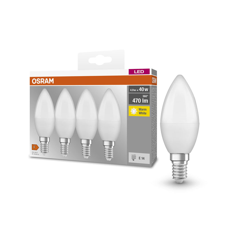 Osram Lamps LED Base Classic B lamp, in candle shape with E14 base, not dimmable, replaces 5.5W = 40 watts, matt, warm white - 2700 Kelvin, 4 pieces (pack of 1) 1 pack (4 lamps) single