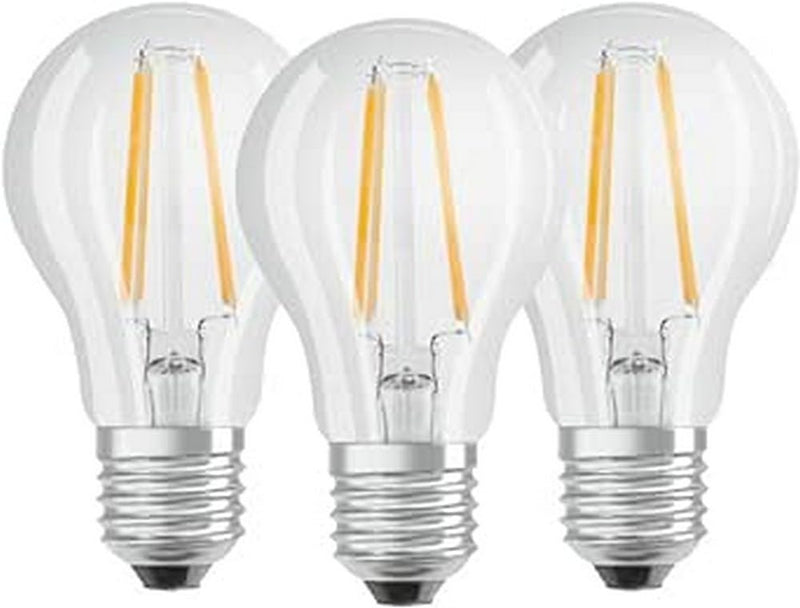 Osram Lamps LED Base Classic A lamp, in bulb shape with E27 base, not dimmable, replaces 60 watts, filament style clear, warm white - 2700 Kelvin, 3 pieces (pack of 1) 2700k warm white 3 pack 60W