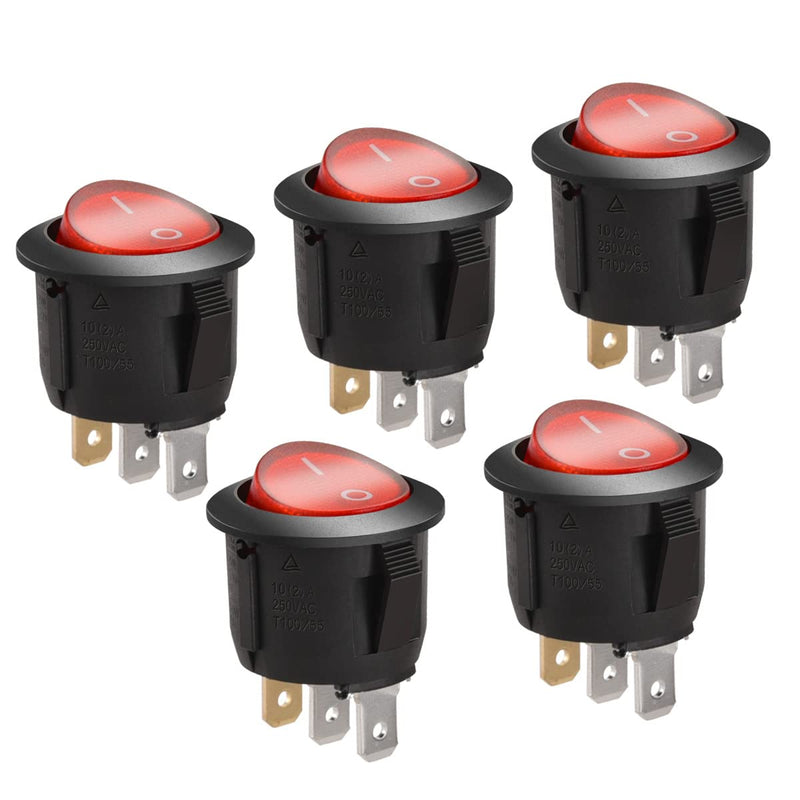 Heschen Round Rocker Switch ON-OFF SPST 3 Terminals Red Light 10A 250VAC 5Pack