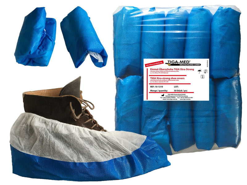 TIGA-MED Overshoes 9.2 g Extra Strong Disposable Shoe Covers Made of CPE with Fleece Reinforcement Extremely Tear-Resistant, Non-Slip and Waterproof Blue for Clinics, Industry and Crafts (50) 50