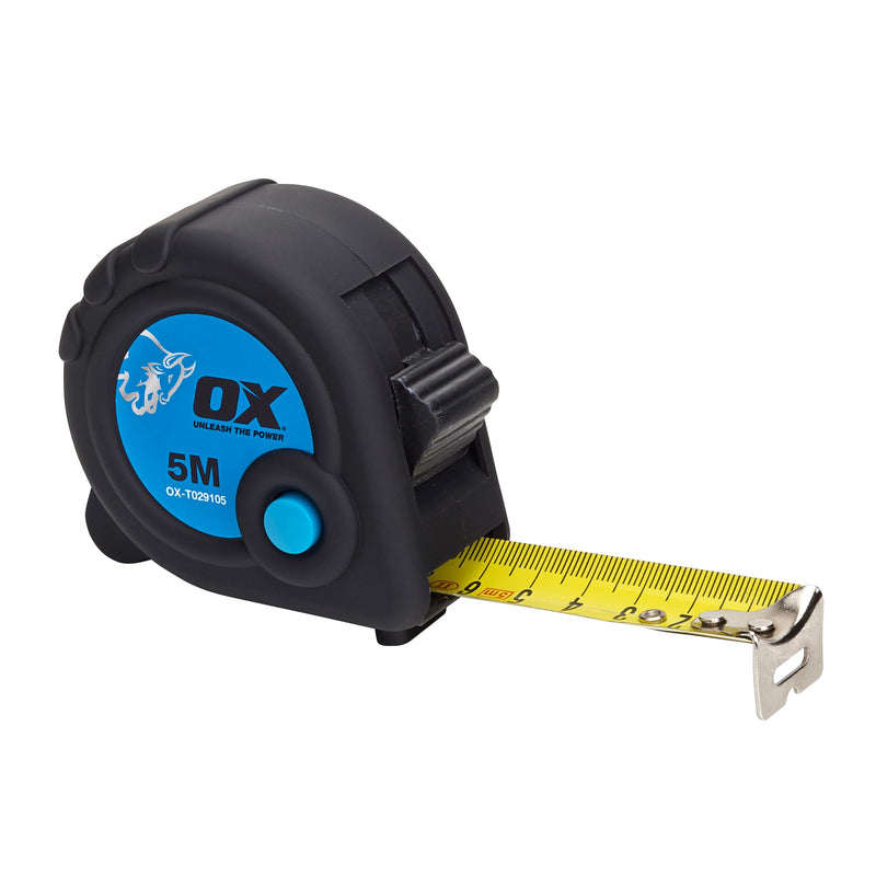 OX OX-T029105 Metric Only Trade Measure Tape, Black/Blue, 5 m | 5 m professional tape measure with 25 mm nylon blade, Duragrip rubber case