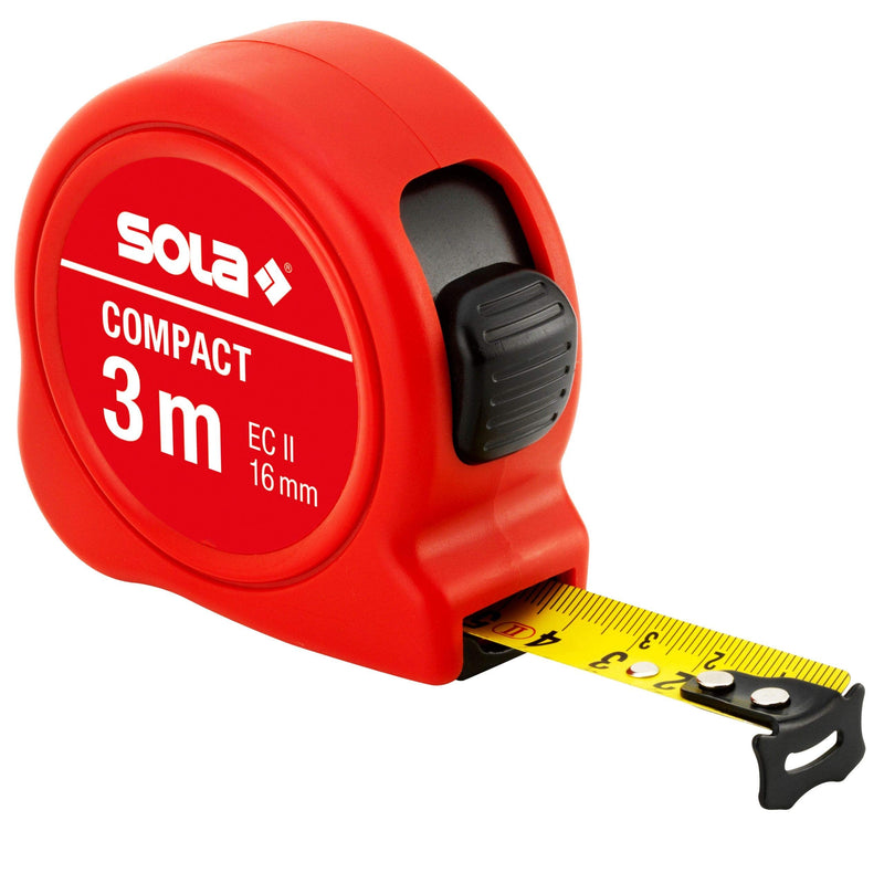 SOLA tape measure - COMPACT - 3m / 16mm - pocket tape measure with belt clip - steel tape, painted yellow with mm scale - accuracy class II - roll meter with movable end hook - meter measure length - 3m/16mm