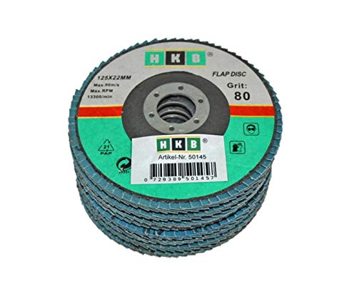 HKB ® Pack of 8 flap discs, 2x each grain 40, 60, 80, 120, grinding disc, grinding mop, 125x22mm, blue, zirconium, for stainless steel, metal, INOX, for flex and angle grinders, item no. 50145