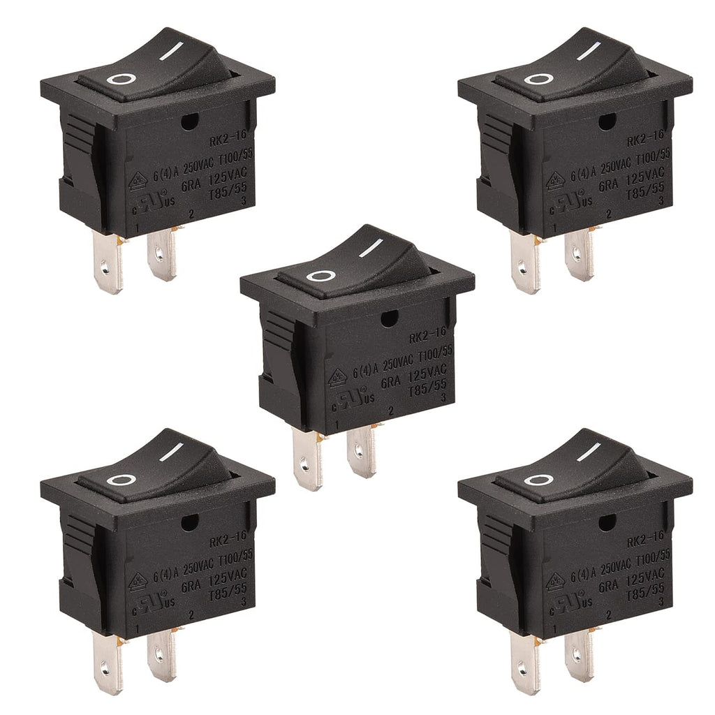 Heschen Pack of 5 Black Rectangular Rocker Switch ON-OFF SPST 2 Position 2 Terminal 6A 250VAC/125VAC UL VDE