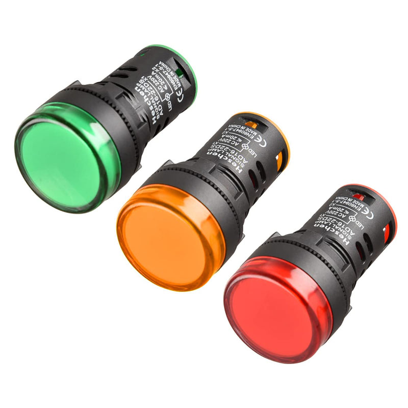 Heschen 22mm LED Indicator Light AD16-22D/S 220V AC 20mA Red/Green/Yellow Pack of 3