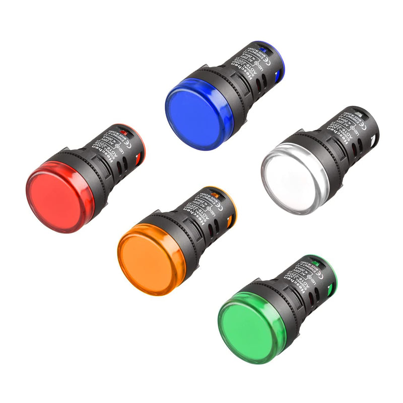 Heschen AD16-22D/S26 LED indicator lights in red, green, yellow, blue and white, 22mm diameter, 220V AC, 20mA, pack of 5