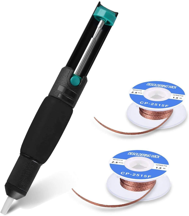 Tabiger desoldering pump set, desoldering pump & 2 desoldering braid, desoldering wick & desoldering pump, 2pcs desoldering wick (2.5 mm width, 1.5 m length), solder suction vacuum pump solder removal tool 1+2