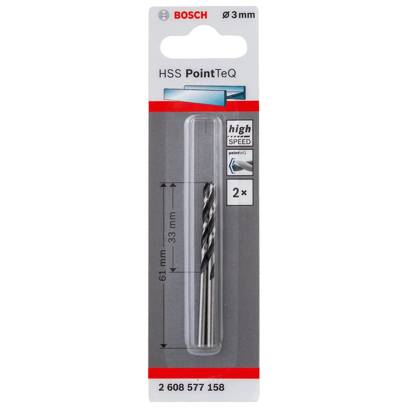 Bosch Professional HSS PointTeQ twist drill bits for metal, 3 x 33 x 61 mm, drill driver accessory, pack of 2. Ø 3mm