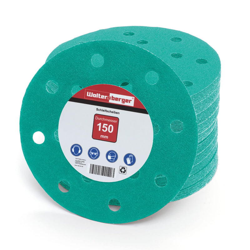 Woltersberger® 50 pieces eccentric sanding discs Ø 150mm | Grain P80 | 15 holes in green | Sandpaper for optimal sanding, versatile use 1