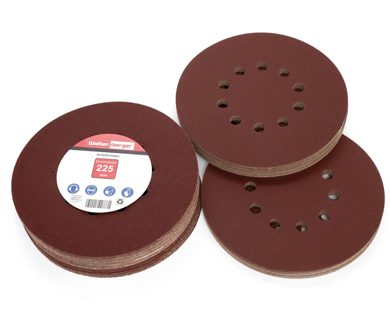 Woltersberger 25 pieces sanding discs Ø 225mm | Grit P120 | 10 holes in red | Sandpaper drywall sander long neck sander sanding giraffe ceiling sander