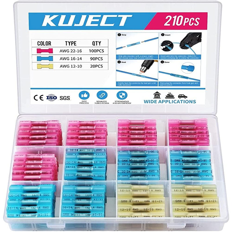 Kuject butt connector 210 pieces cable connectors, crimp connectors, waterproof shrink connector set 10-22 AWG butt connectors 210 pieces crimp connector set