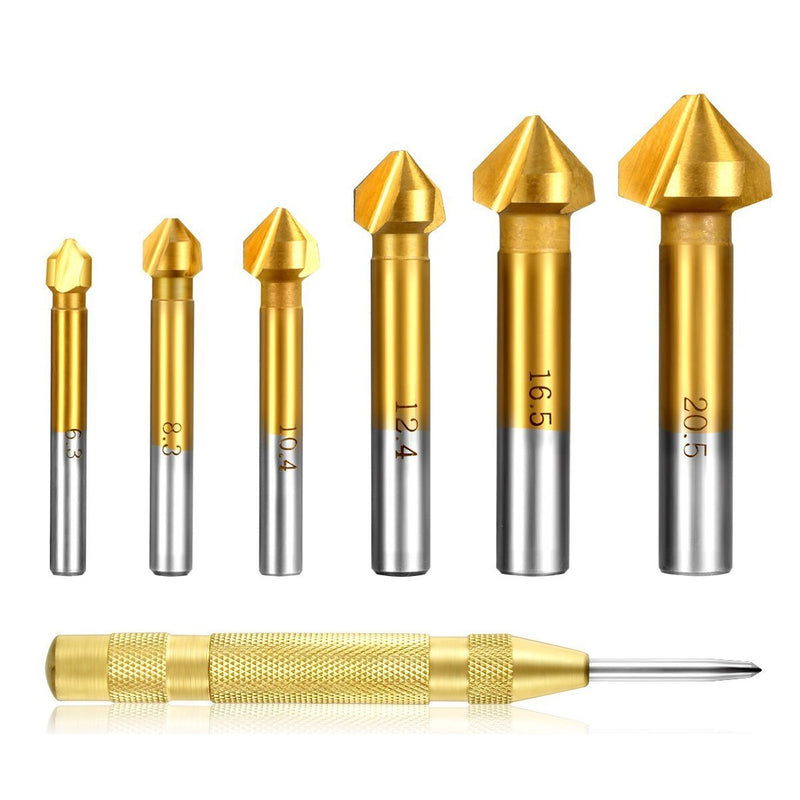Estmoon 6-piece 90° countersink set, HSS countersink set, titanium coatings, diameter 6.3-20.5 mm, countersink drill with 1 pack of brass automatic center drill punch