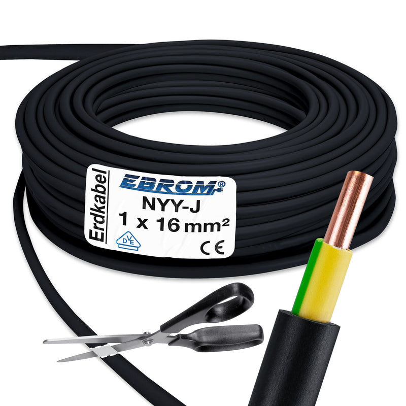 EBROM earth cable earth cable NYY-J 1x16 mm² power cable PVC earth cable lightning protection - black - sold by the meter accurate to the meter - selection in 1 meter increments - 1x16 mm2 - your length: 10 meters