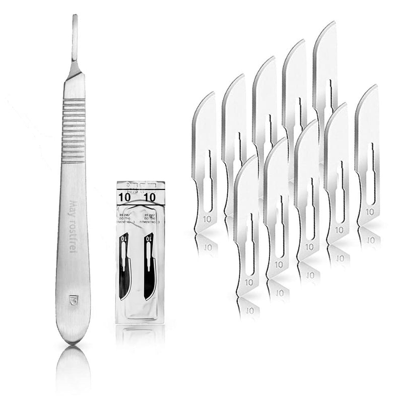 May Set - 10 pieces of scalpel blades figure 10 made of carbon steel - replacement blades individually sterile packed + 1 x scalpel holder made of stainless steel