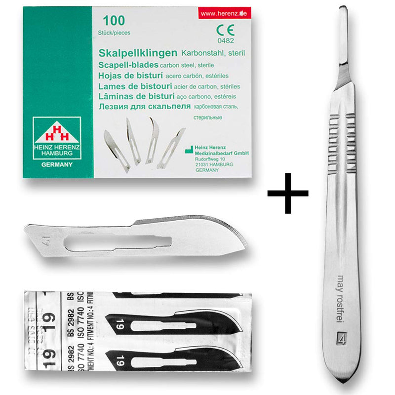 May Set - 100 pieces of scalpel blades figure 19 made of carbon steel - replacement blades individually sterile packed + 1 x May - scalpel holder made of stainless steel
