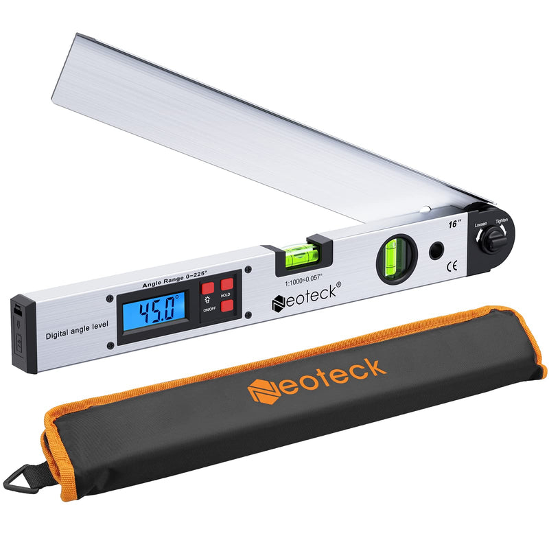 Neoteck Digital Protractor 400mm with LCD Spirit Level 0-225° Digital Inclinometer Angle Measuring Device for Vertical Horizontal Double Spirit Level Silver