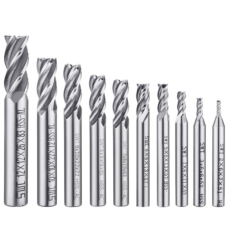 Afunta Drill Bits/End Mill with 4 Flutes 2-12mm (0.08-0.47") High Speed Steel Straight Shank Tool Set for Wood Aluminum Steel Titanium CNC Milling 10pcs