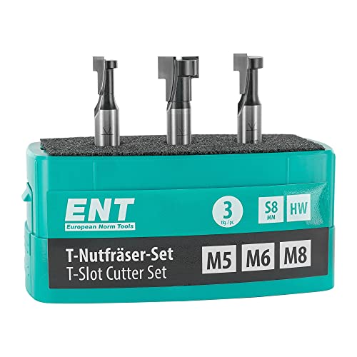 ENT 09003 3-Piece HW T-Slot Cutter Set, Optimised for M5, M6 and M8 Screws, HW (HM), Shaft (S) 8 mm - Grooves for Standard Hex Screws