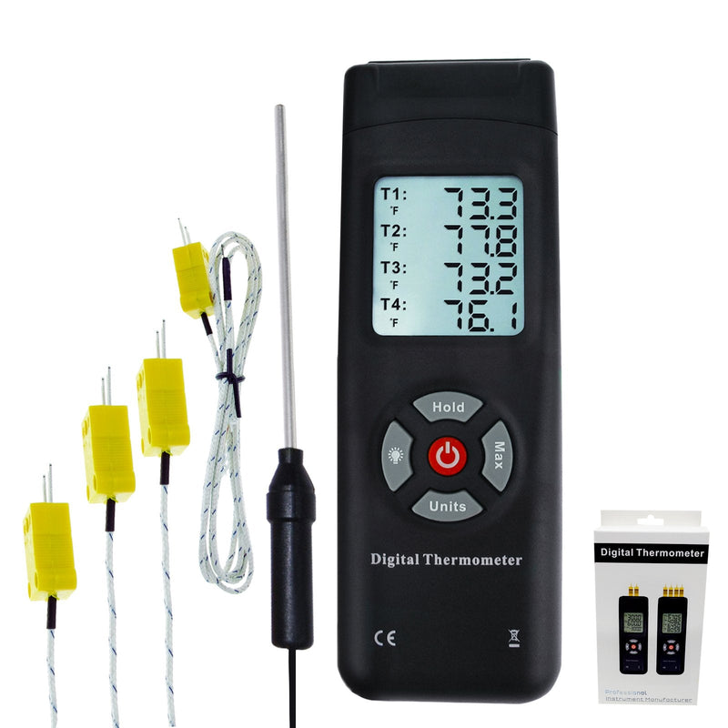 Thermometer 4 Channels K-Type Thermocouple Sensor Tester with K-Type Metal Probe, Backlight and Temperature Instrument