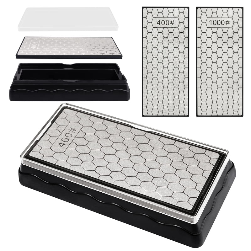 Double Sided Diamond Sharpening Stone, Kalolary Knife Sharpener Stone Honeycomb Surface Plate with Non-Slip Base for Scissors, Knives, Outdoor Kitchen Sharpening Tools (400/1000 Grit, 150x63mm) 400/1000