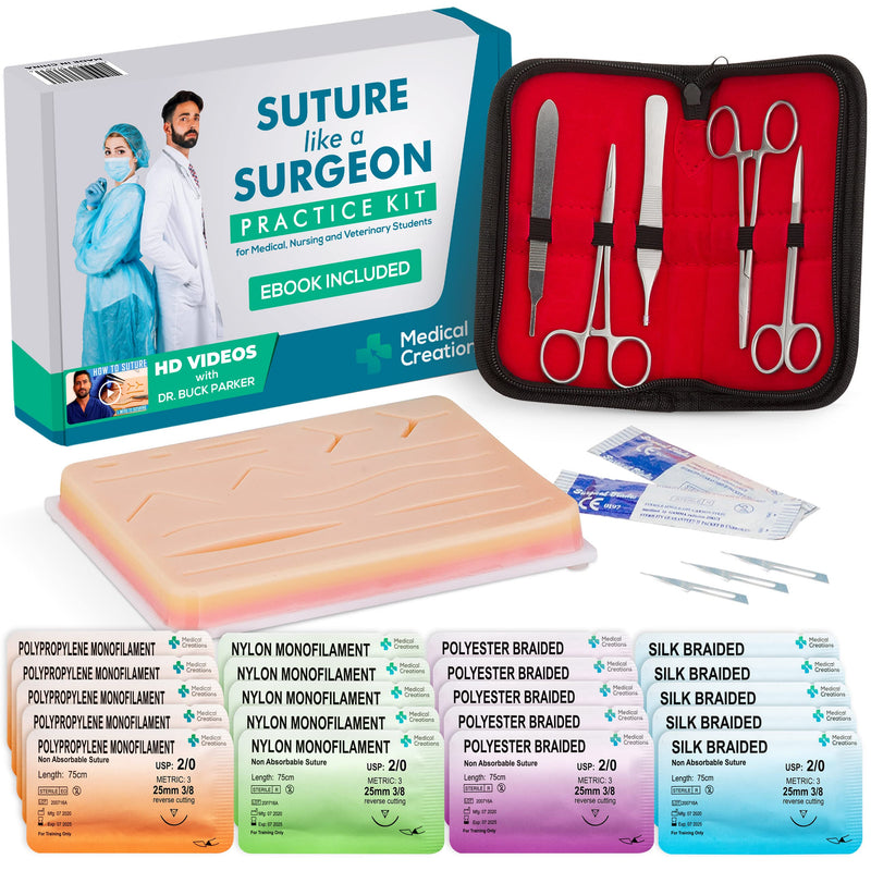 Surgical Suture Kit - Featuring Certified Surgeons Suturing Video Series and E-Book Training Guide - Silicone Suturing Pad with Tool Kit - for Medical Students