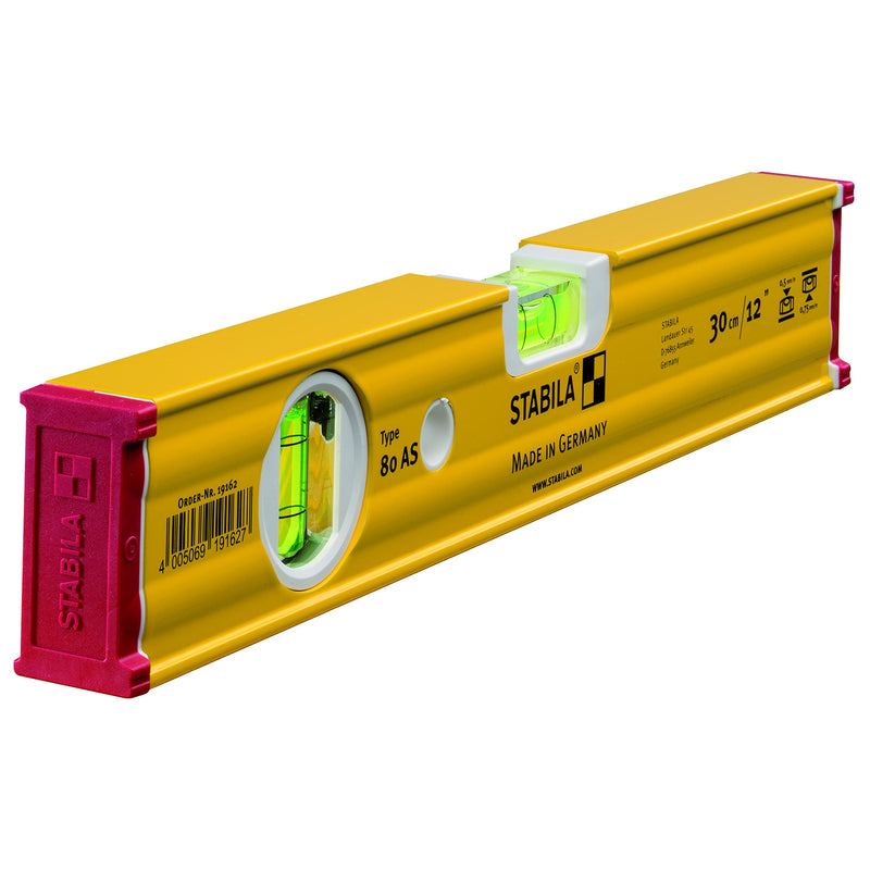 STABILA spirit level Type 80 AS, 30 cm, reinforced aluminum profile, 1 horizontal level, 1 vertical level, integrated slip stopper, Made in Germany