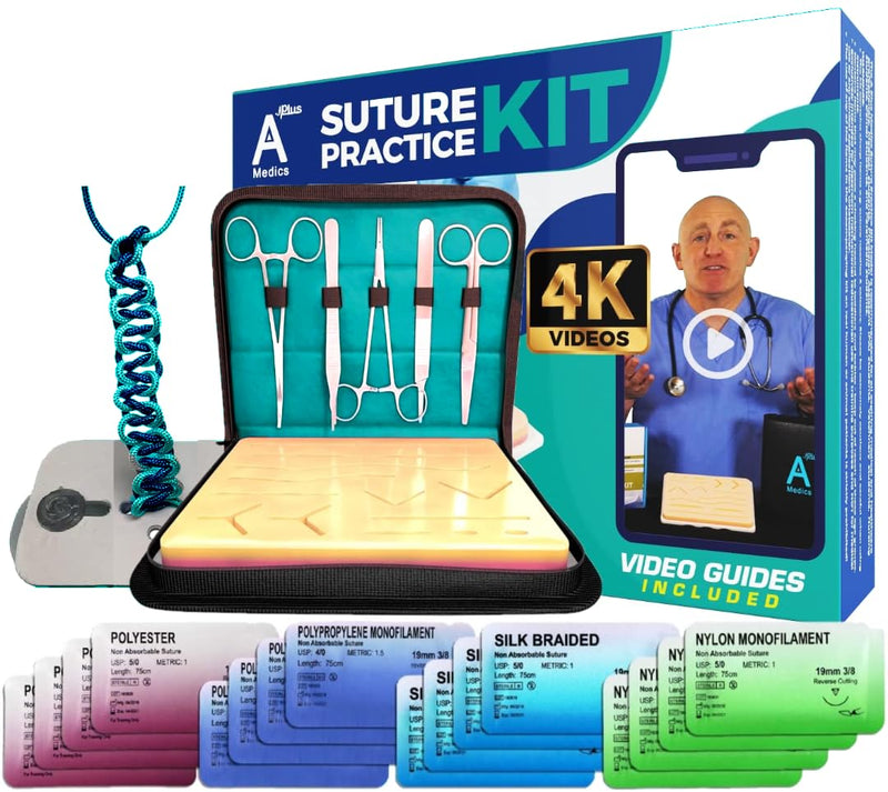 Complete Suture Practice Kit for Medical Students w/How-To Suture HD Video Course, Suture Training Manual & Carryall Case. All-in-One A Plus Medics kit including suture practice pad. (Educational Use Only)