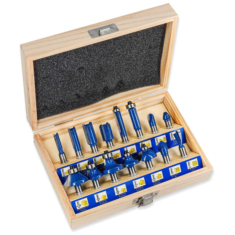 S&R wood milling cutter set HM 15 pieces, wood milling bits for 8 mm shaft, wooden case, forged tool steel, cutting plates made of HM, milling cutter for router in robust wooden box 2. Set of 15 fraises