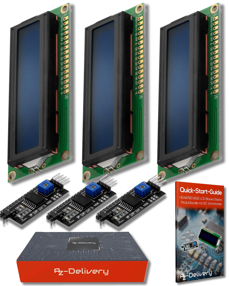 AZDelivery 3 x HD44780 16 x 2 LCD Module Display Bundle with I2C Interface 2 x 16 Characters Compatible with Arduino and Raspberry Pi Includes E-Book (with Blue Background and White Signs)