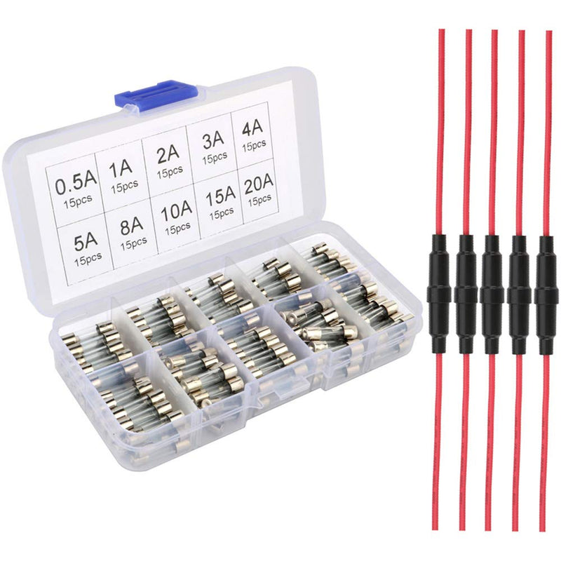 Formed 150 pieces 5×20mm glass fuse with 5pcs inline screw type AGC fuse holder, fast-blow glass fuse glass tube assorted kit (Amp 0.5A 1A 2A 3A 4A 5A 8A 10A 15A 20A) fuse + fuse holder