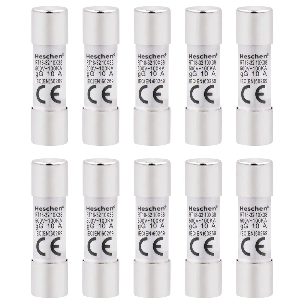 Heschen Pack of 10 Cylindrical Ceramic Tube Fuse RT18-32 (RO15) 10x38mm 10A 500V CE