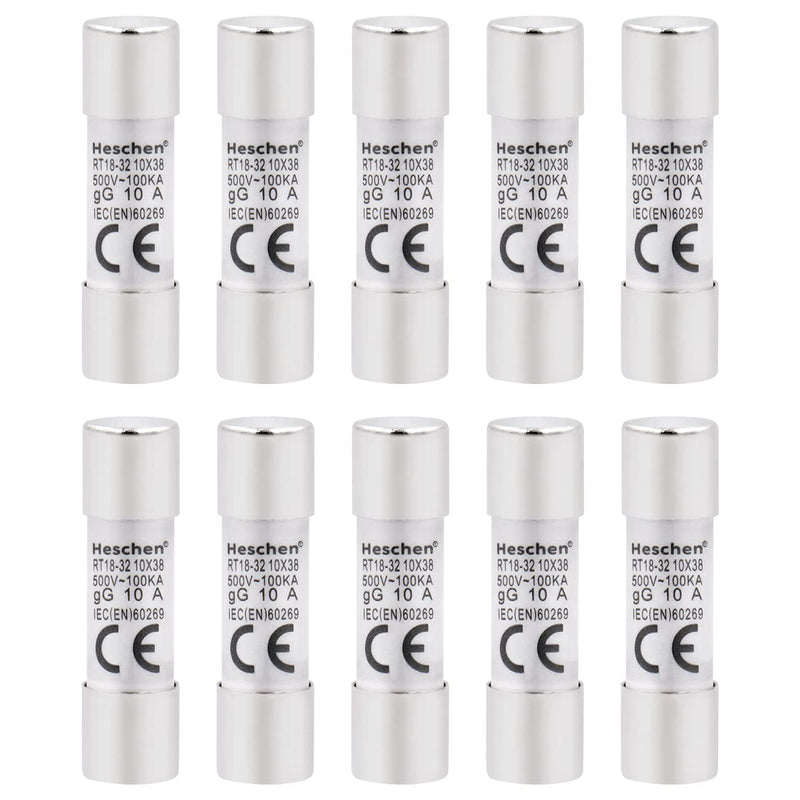 Heschen Pack of 10 Cylindrical Ceramic Tube Fuse RT18-32 (RO15) 10x38mm 10A 500V CE