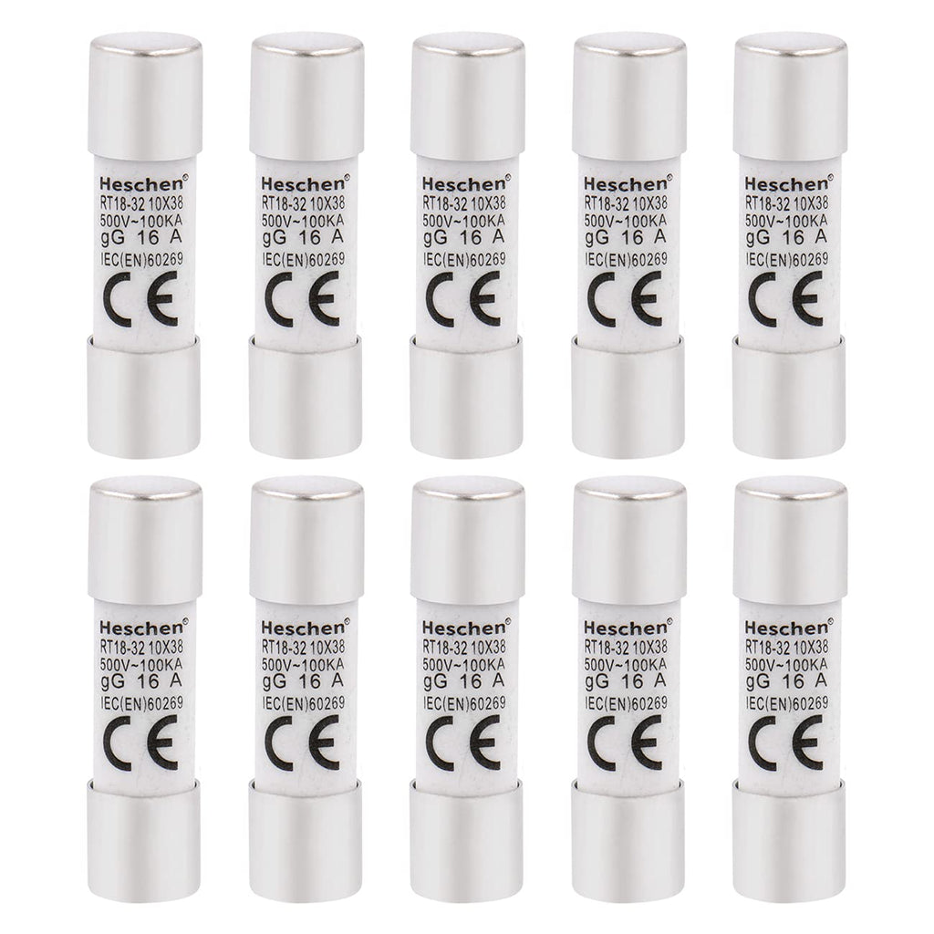 Heschen Pack of 10 Cylindrical Ceramic Tube Fuse RT18-32 (RO15) 10x38mm 16A 500V CE