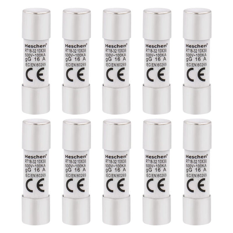 Heschen Pack of 10 Cylindrical Ceramic Tube Fuse RT18-32 (RO15) 10x38mm 16A 500V CE