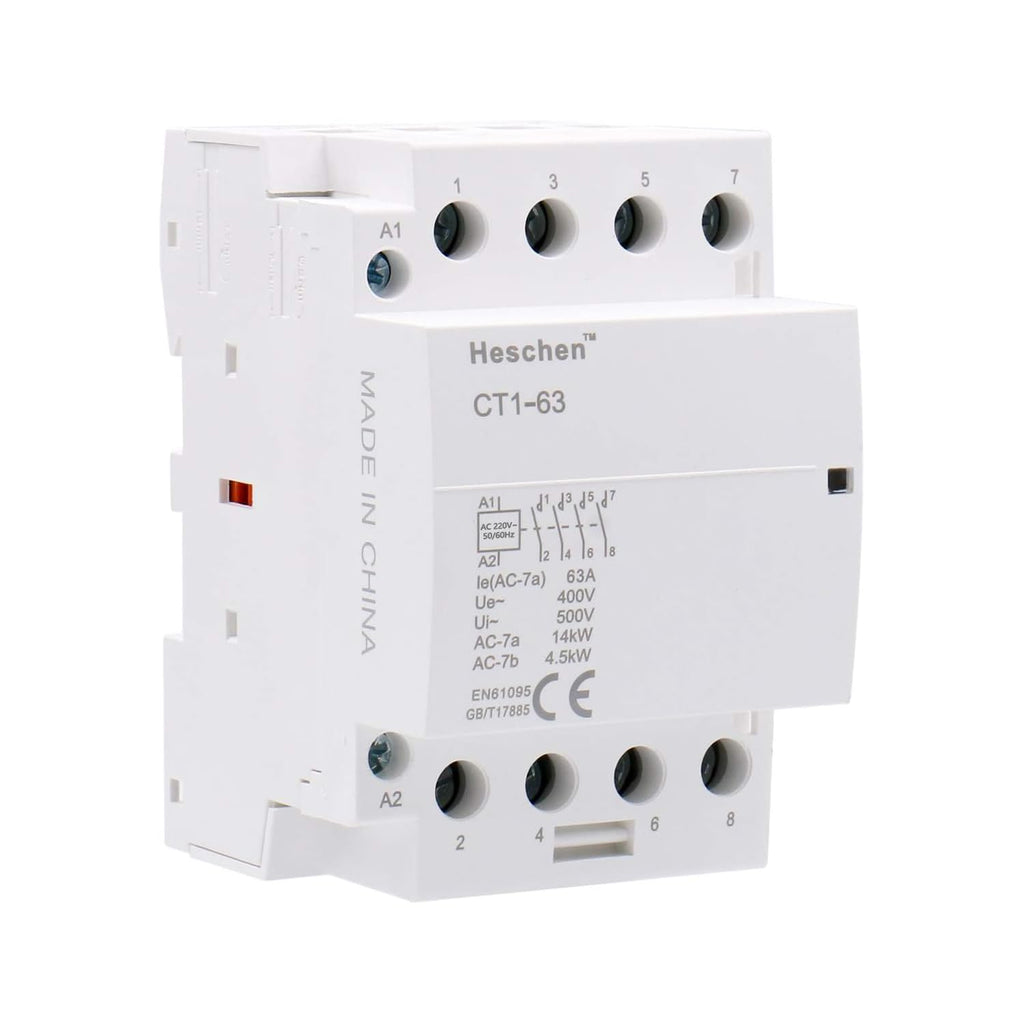 Heschen Household AC Contactor CT1-63 4 Pin Open AC 220V/240V Coil Voltage 35mm DIN Rail Mounting