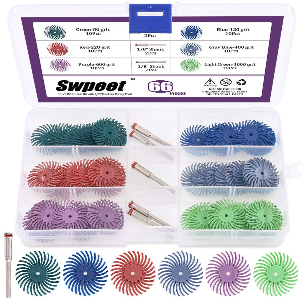 Swpeet 66pcs 1" 6 Mixed Grit 80/120/220/400/600/1000 Radial Bristles Sanding Brush Gap Polishing Pad Polishing Discs Assortment Kit