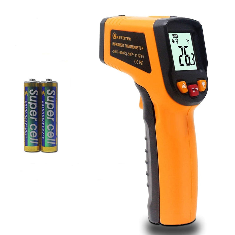 KETOTEK Infrared Thermometer Laser Digital IR Thermometer pyrometer Food Non-Contact Thermometer Gun -50-600℃(-58-1112°F) Thermometer Temperature Tester (Yellow) Yellow