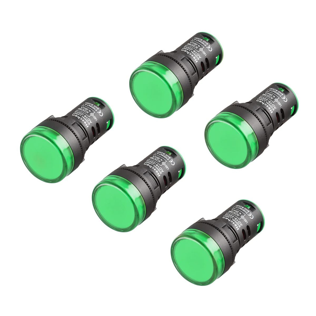 Heschen AD16-22D/S LED Indicator Light 22mm 24V DC 20mA Green Color Pack of 5