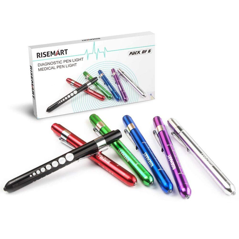 RISEMART Pack of 6 Diagnostic Light Pupil Light Reusable LED Pen Lamp with Pocket Clip for Nurses Doctors Students Pen Light (6 Pieces)