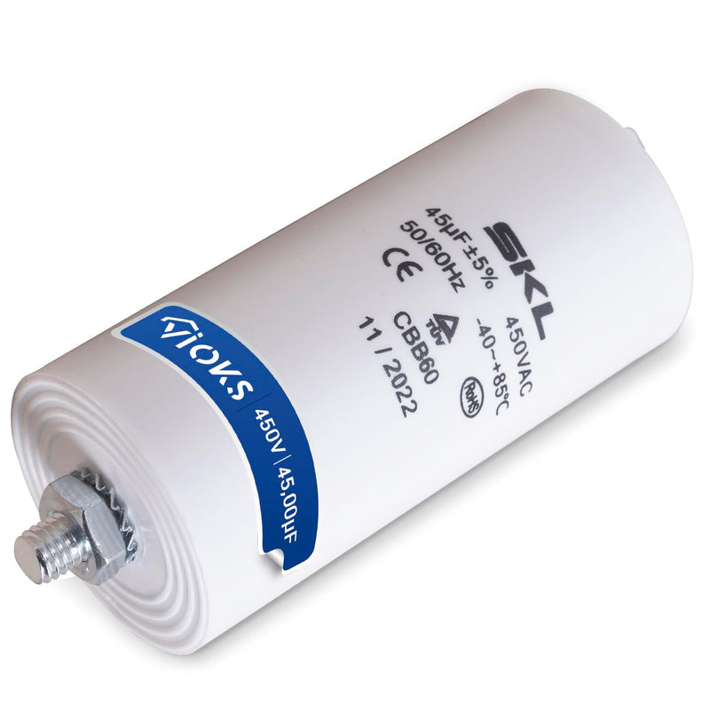 VIOKS Capacitor CBB60 Motor Capacitor 45µF 450V Universal Starting Capacitor Capacitor Motor with 6.3mm AMP plug-in tabs and M8 mounting screw for electrical household appliances 45.00 µF