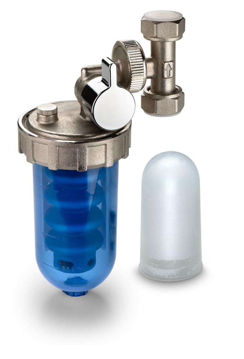 WK Rotating Polyphosphate Dispenser with Bypass, Connections 1/2 Inch, Transparent Shatterproof Pot, Limescale and Corrosion Protection for Sanitary and Sanitary Systems