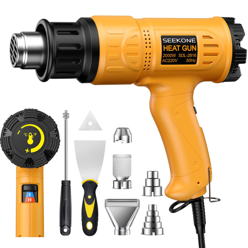 SEEKONE hot air gun kit 2000W (50℃ - 600℃) variable temperature control, hot air dryer with 2 temperature controls, ceramic heater, 4 attachment nozzles, hot air blower Ideal for shrinking hoses