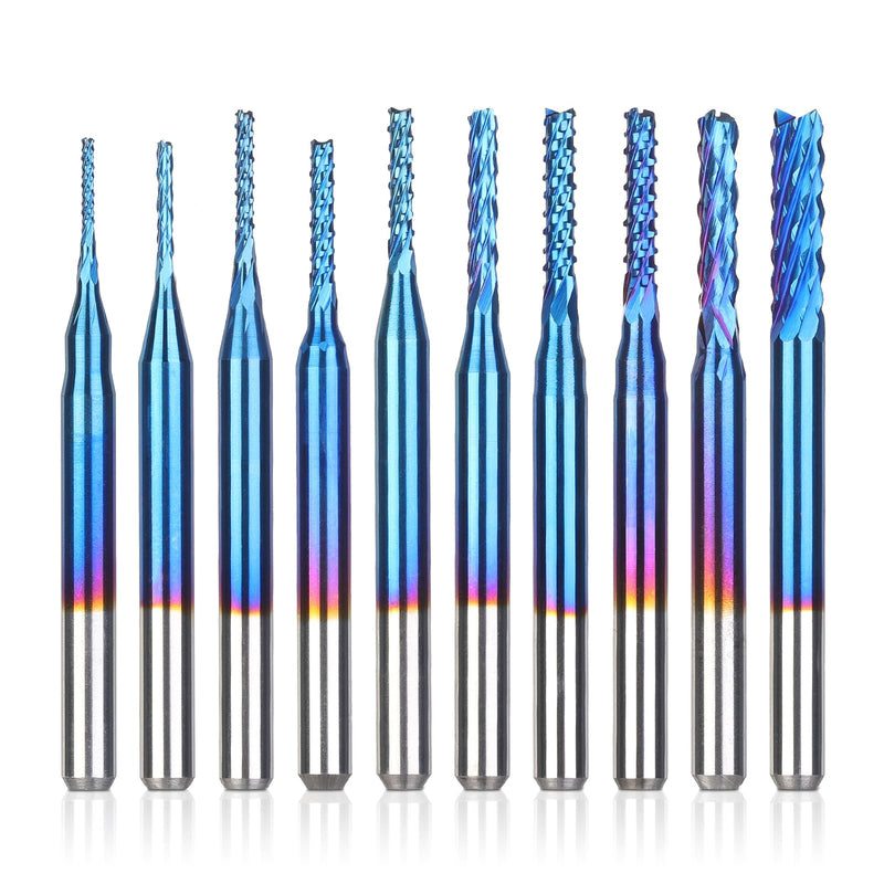 SainSmart Genmitsu 10Pcs Nano Blue Coat End Mill Set CNC Milling Cutter for Wood PVC Aluminum, 0.8-3mm, 1/8" Shank 0.8-3.0mm Set