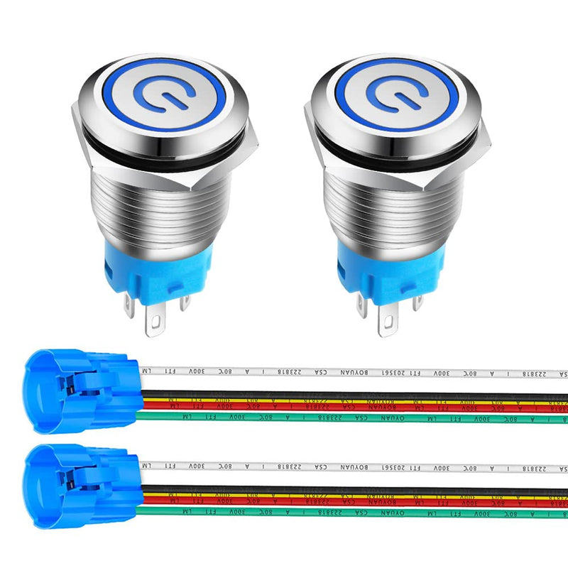 Gebildet 2 Pieces 16mm Stainless Steel Latching Push Button Switch 12V-24V 5A Power Symbol LED 1NO1NC SPDT ON Off Waterproof Toggle Switch with Socket Plug (Blue LED) Blue