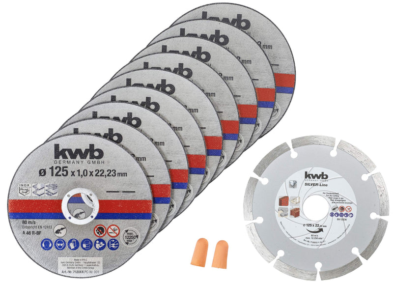 kwb thin cutting discs Ø 125 mm for angle grinders including diamond disc, for stainless steel INOX in storage box including ear plugs, ABM. 125 x 1 x 22.23